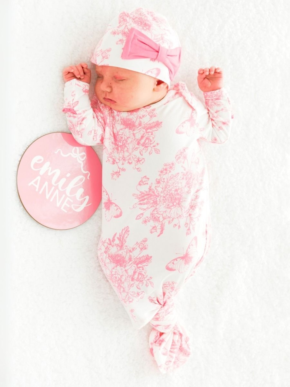 Rufflebutts Baby Pink Floral Knot Gown & Hat Set